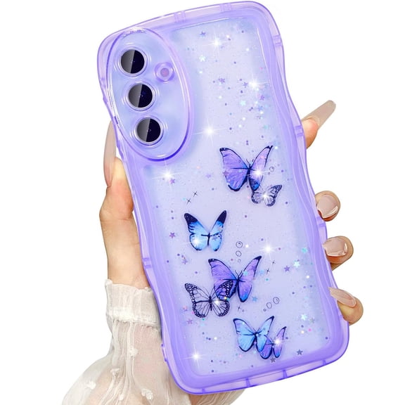 Dteck for Samsung Galaxy A16 5G Case, Cute Case with Star Glitter Butterfly, Clear Shiny Bling Soft TPU Shockproof Phone Protective Cover for Women Girls,Purple