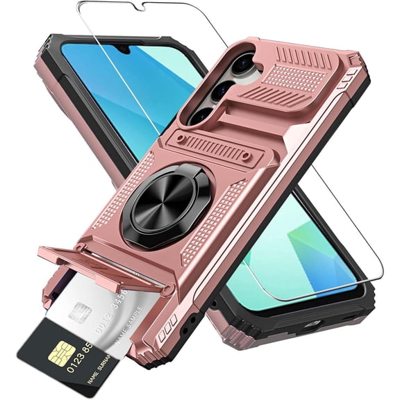Dteck for Samsung Galaxy A16 5G Case with Screen Protector, Wallet A16 5G Case with Card Holder Store 2 Cards + 360° Rotated Ring Kickstand Heavy Duty Shockproof Cover for Samsung Galaxy A16,Rosegold