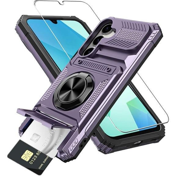 Dteck for Samsung Galaxy A16 5G Case with Screen Protector, Wallet A16 5G Case with Card Holder Store 2 Cards + 360° Rotated Ring Kickstand Heavy Duty Shockproof Cover for Samsung Galaxy A16,Purple