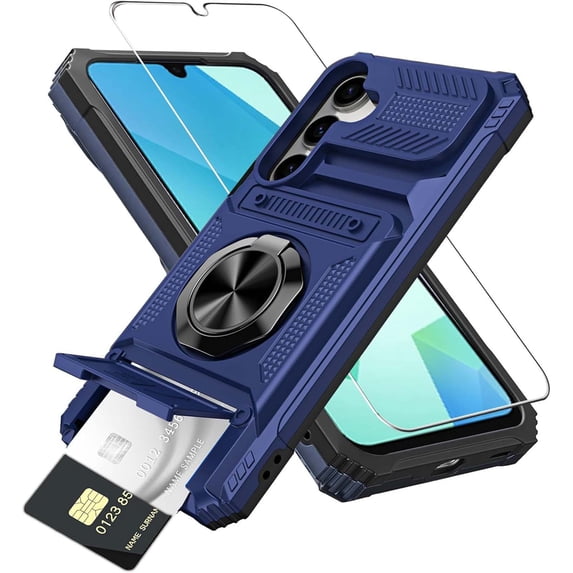 Dteck for Samsung Galaxy A16 5G Case with Screen Protector, Wallet for A16 5G Case with Card Holder Store 2 Cards + 360° Rotated Ring Kickstand Heavy Duty Shockproof Cover for Samsung Galaxy A16,Blue