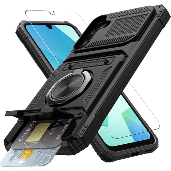 Dteck for Samsung Galaxy A16 5G Case with Screen Protector, Wallet for A16 5G Case with Card Holder Store 2 Cards + 360° Rotated Ring Kickstand Heavy Duty Shockproof Cover for Samsung Galaxy A16,Black