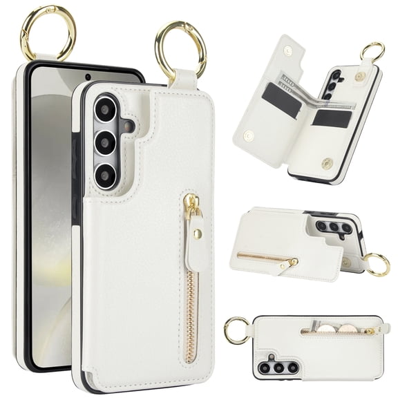 Dteck for Samsung Galaxy A16 5G Case Wallet with Card Holder, PU Leather Zipper Pocket Card Slots Front Cover Flip Kickstand Shockproof Phone Case for Galaxy A16 5G,White
