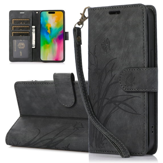 Dteck for Samsung Galaxy A16 5G Case Wallet with Card Holder & Wrist Strap, Flower Pattern PU Leather Folio Stand Flip Cover for Samsung Galaxy A16 5G,Black