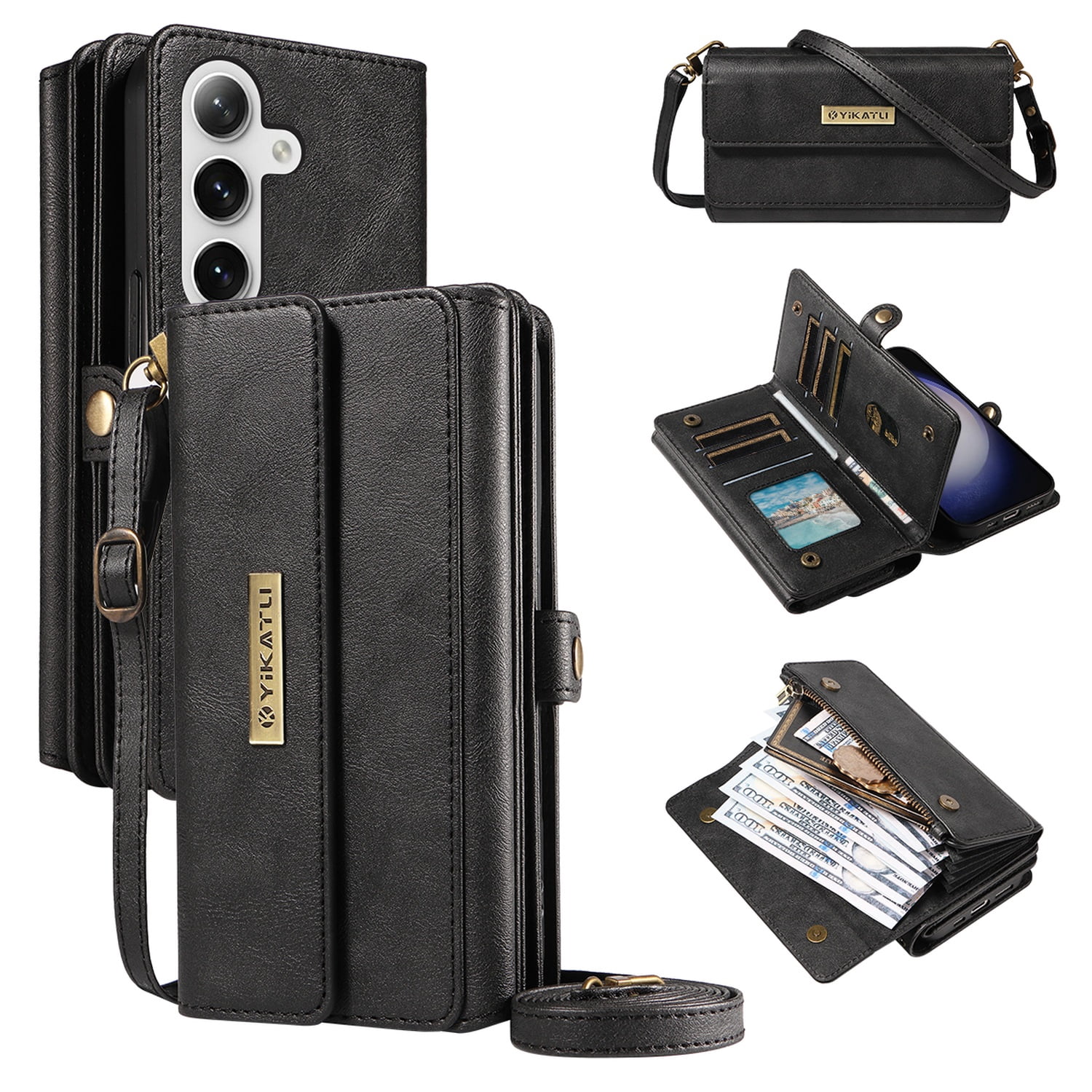 Dteck for Samsung Galaxy A16 5G Case Wallet with RFID Blocking Card Holder for WomenMen, PU Leather Magnetic Snap Flip Zipper Strap Crossbody Wallet Phone Cover 6.7",Black