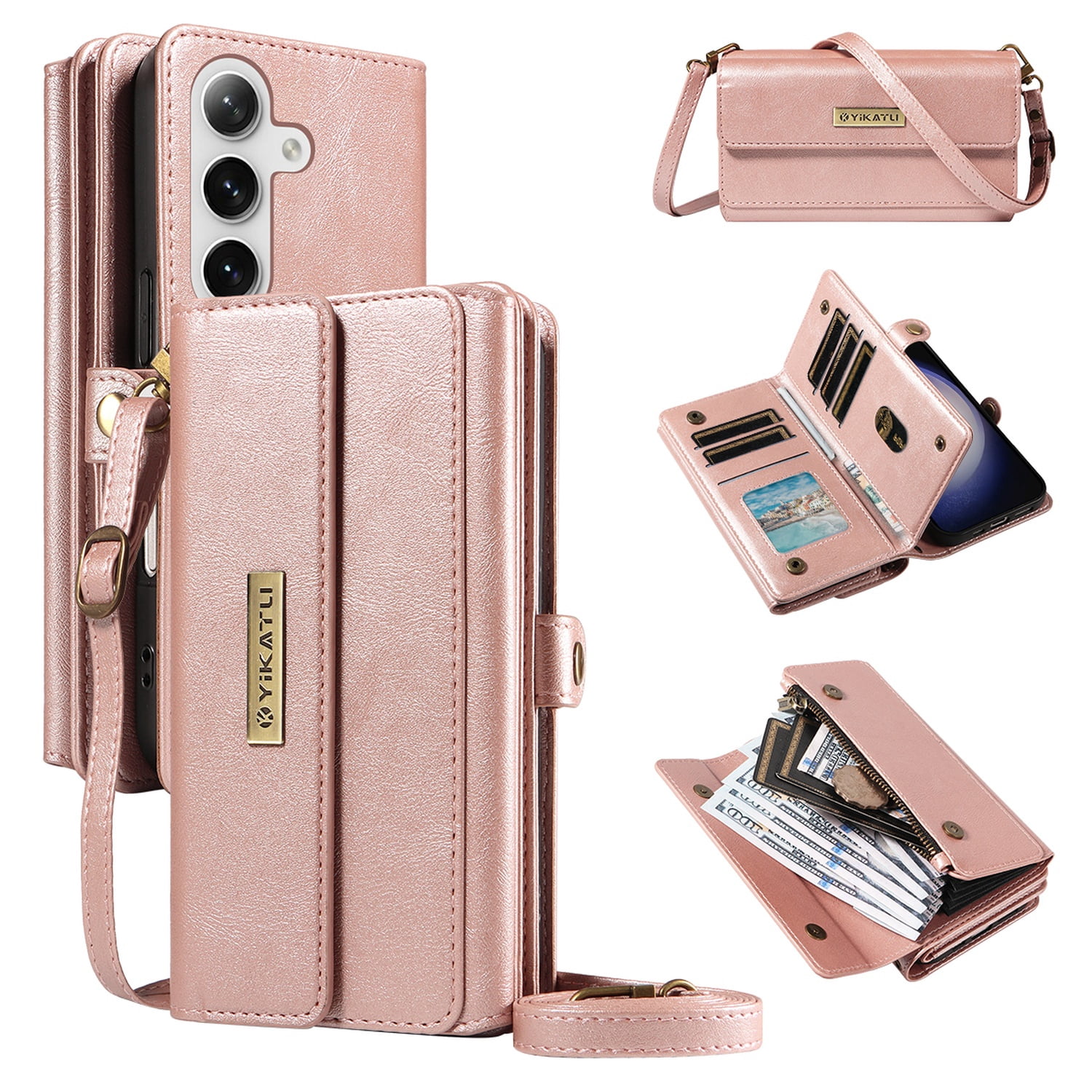 Dteck for Samsung Galaxy A16 5G Case Wallet with RFID Blocking Card Holder for WomenMen, PU Leather Magnetic Snap Flip Zipper Strap Crossbody Wallet Phone Cover 6.7",Rosegold
