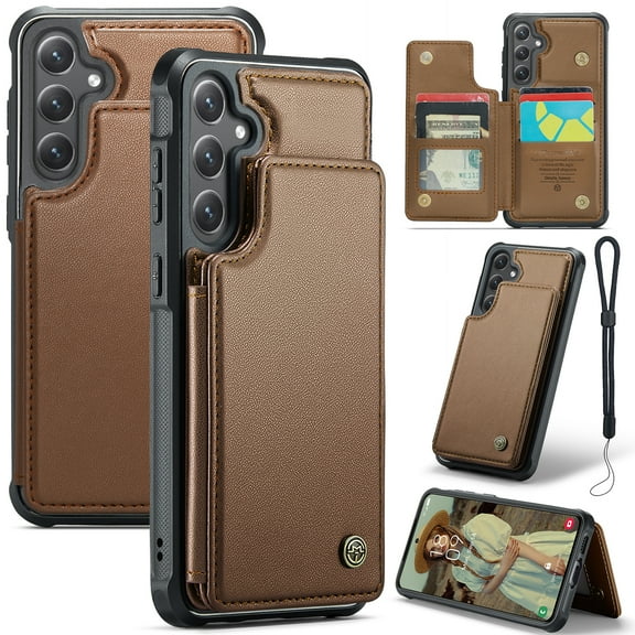 Dteck for Samsung Galaxy A16 5G Wallet Case with Card Holder & Wrist Strap, RFID Blocking Credit Slots Kickstand Shockproof Phone Cover for Women Men,Brown