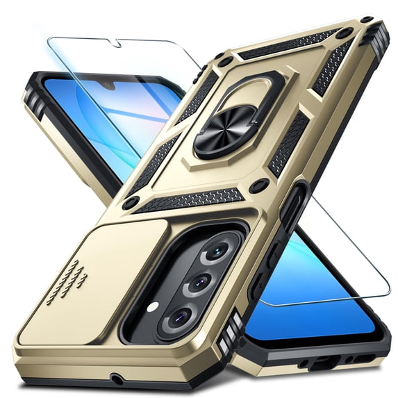 Dteck for Samsung Galaxy A17 5G / A26 5G Case with Camera Cover Sliding + Screen Protector + Finger Ring Holder Kickstand, Shockproof Full Body Protective Phone Cover,Gold
