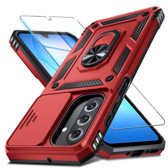 Dteck for Samsung Galaxy A17 5G / A26 5G Case with Camera Cover Sliding + Screen Protector + Finger Ring Holder Kickstand, Shockproof Full Body Protective Phone Cover,Red