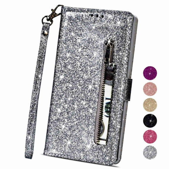 Dteck For Samsung Galaxy A20 /A30, Bling Wallet Case for Women, 3 Card Holder Folio Flip Glitter Pu Leather Folding Stand Magnetic Purse Case with Strap Zipper Coin Change Money Pocket , Silver