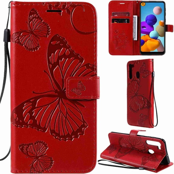 Dteck Samsung Galaxy A21 6.5 inch 2020 Case 3D Butterfly Pattern Premium PU Leather Flip Cover Wallet Kickstand Magnetic Closure Credit Card Slots Holder Wrist Strap for Samsung Galaxy A21, red