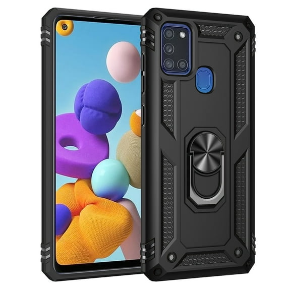 Dteck Samsung Galaxy A21 Case, 360 Metal Rotating Ring Kickstand Hybrid Shockproof Duty Armor Protective Cover Case For Samsung Galaxy A21 US, Black