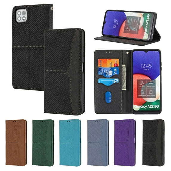 Dteck for Samsung Galaxy A22 5G Flip Wallet Case, PU Leather Case with Card Slot Kickstand and Wrist Strap Shockproof Protective Case for A22 5G 6.6" 2021 Women Men, Black