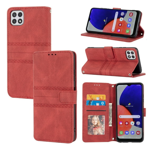 Dteck for Samsung Galaxy A22 5G Flip Wallet Case, PU Leather Case with Cart Slot Kickstand and Lanyard Strap Shockproof Protective Case for A22 5G 6.6" 2021 Women Men, Red