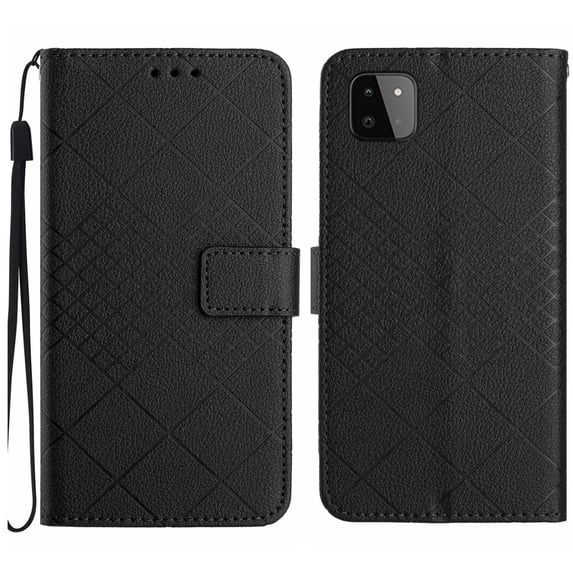 Dteck for Samsung Galaxy A22 5G Magnetic Case, Premium PU Leather Folio Flip Wallet Case with Card Holder Cash Slot Lanyard Strap Kickstand Function Embossed Pattern Slim Shockproof Cover, black