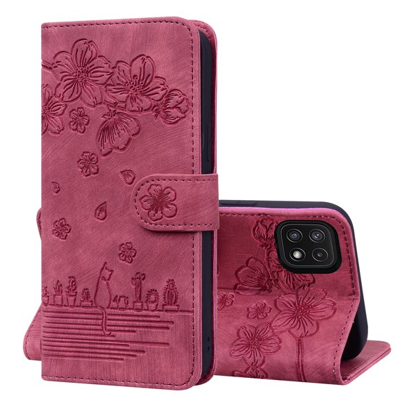 Dteck for Samsung Galaxy A22 5G Phone Case, Sakura and Cat Embossed Pattern Leather Magnetic Flip Holder Card Slots Wallet Shockproof Protective Cover For Samsung Galaxy A22 5G,Red