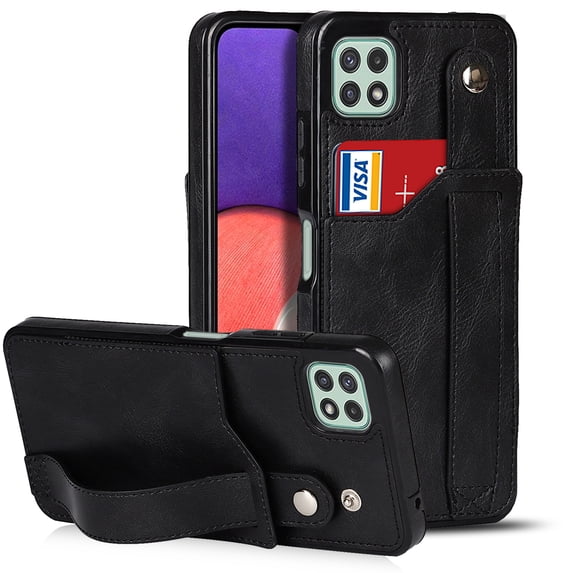 Dteck for Samsung Galaxy A22 5G Slim Case, Shockproof Premium PU Leather Soft TPU Business Cover with Wrist Strap Kickstand Flip Stand Protection Case, black
