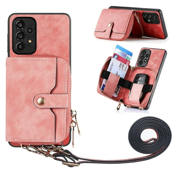 Dteck for Samsung Galaxy A22 5G Wallet Case with Card Holder, Phone Case with Crossbody Strap for Women Men, Handbag Purse Zipper Leather Cover for Samsung Galaxy A22 5G,Pink