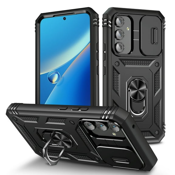 Dteck for Samsung Galaxy A23 5G Case, Built-in Slide Camera Lens Cover, Heavy Duty Shockproof Hybrid Rugged Protective Phone Cover, Built in Finger Ring Stable Holder Kickstand,Black