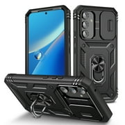 Dteck for Samsung Galaxy A25 5G Case, Built-in Slide Camera Lens Cover, Heavy Duty Shockproof Hybrid Rugged Protective Phone Cover, Built in Finger Ring Stable Holder Kickstand,Black