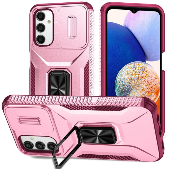 Dteck for Samsung Galaxy A25 5G Case with Slide Camera Cover,Magnetic Rotated Kickstand Rubber Case Hard PC Camera Protection Military Grade Shockproof Heavy Duty Protective Cover,Pink