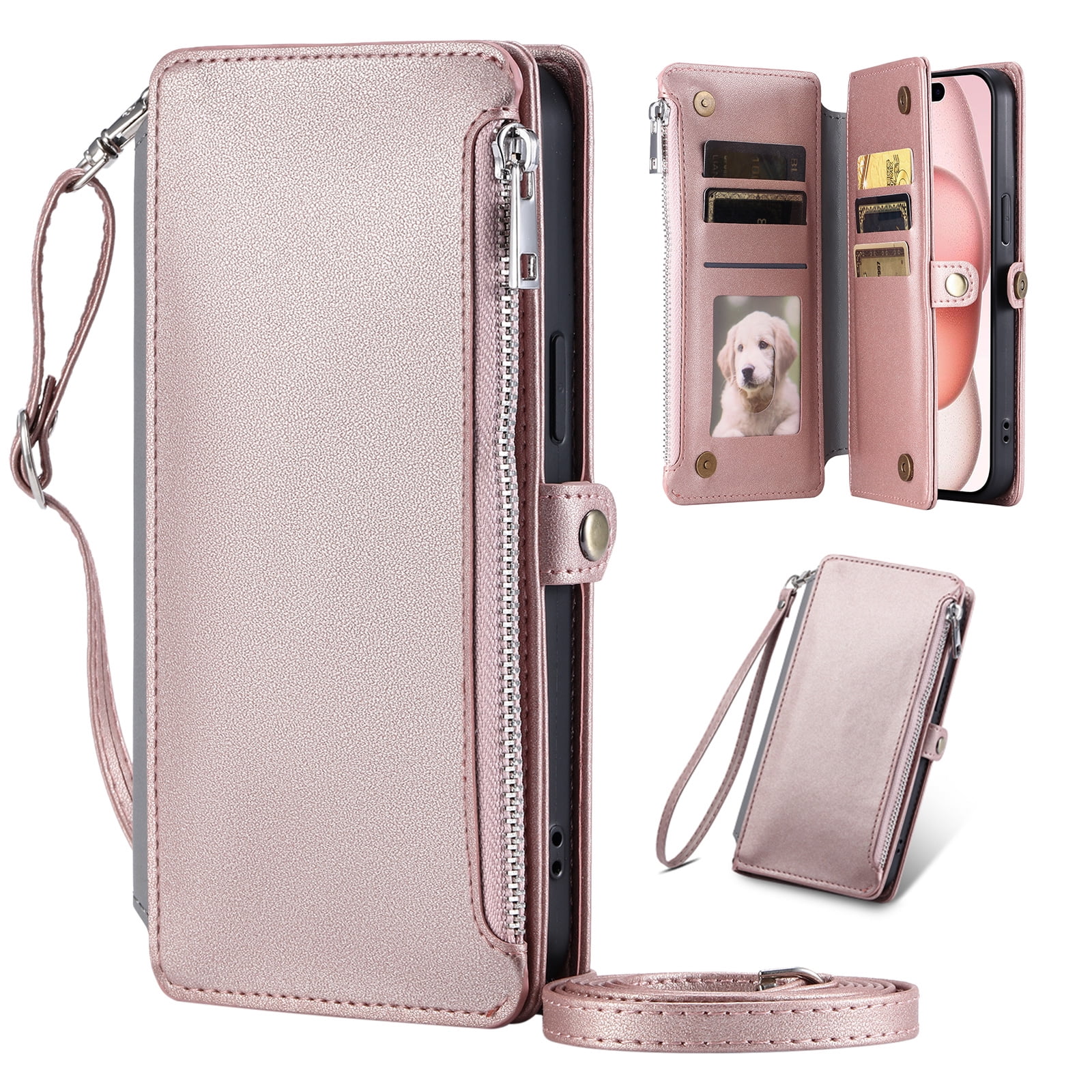 Dteck for Samsung Galaxy A25 5G Wallet Case, Crossbody Zipper Purse with Wrist for Women Men, 8-Card Slots Holder PU Leather Kickstand Flip Cover Phone Case,Rosegold