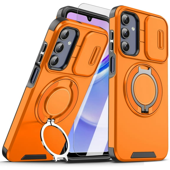 Dteck for Samsung Galaxy A26 5G Case with Glass Screen Protector, Magnetic Ring Kickstand Heavy Duty Shockproof Rugged Hard Protective Cover Compatible with MagSafe Accessory, Orange