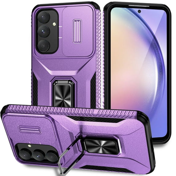 Dteck for Samsung Galaxy A26 5G Case with Slide Camera Lens Cover + Finger Ring Holder Kickstand,Heavy Duty Shockproof Rugged Protective Phone Cover for Samsung A26 5G 2025,Purple