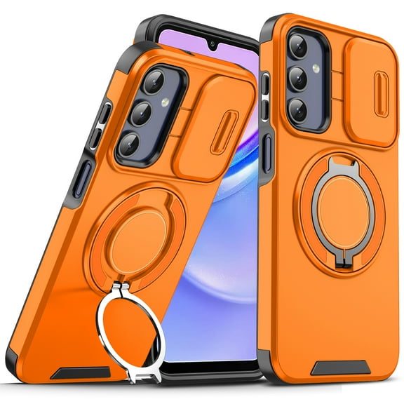Dteck for Samsung Galaxy A26 5G Case with Slide Lens Cover, Magnetic Rotating Kickstand Rugged Shockproof Protective Phone Case Compatible with MagSafe Accessory, Orange