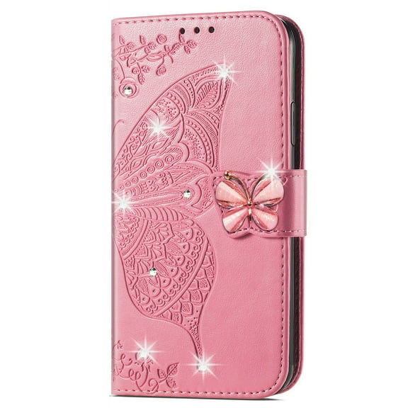 Dteck for Samsung Galaxy A30 Case Wallet for Women, Flip Folio Cover with Butterfly Embossed Diamond PU Leathe Stand Card Holder Protective Case with Wrist Strap,Pink