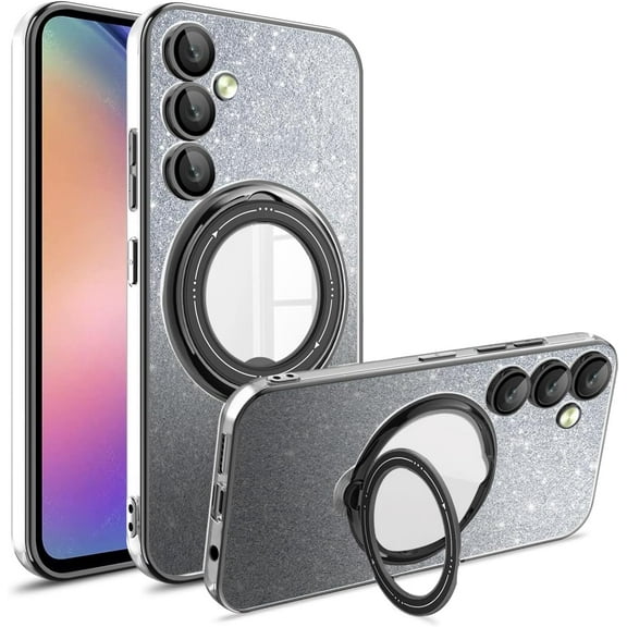 Dteck for Samsung Galaxy A32 4G Ring Stand Cover, Shockproof Glitter Magnetic Plating Bling Clear Case with Camera Lens Protection Slim Anti-Scratch Sparkle Case for Women Girls, black