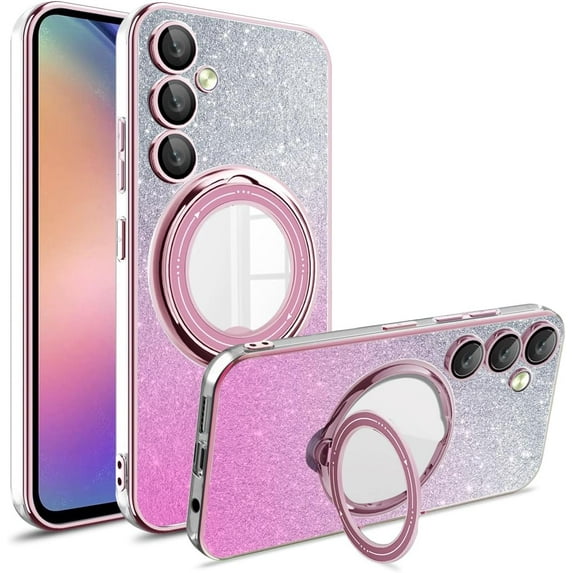 Dteck for Samsung Galaxy A32 4G Ring Stand Cover, Shockproof Glitter Magnetic Plating Bling Clear Case with Camera Lens Protection Slim Anti-Scratch Sparkle Case for Women Girls, pink