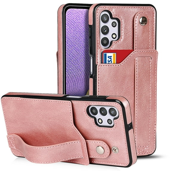 Dteck for Samsung Galaxy A32 5G Slim Case, Shockproof Premium PU Leather Soft TPU Business Cover with Wrist Strap Kickstand Flip Stand Protection Case, rosegold