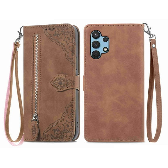 Dteck Samsung Galaxy A32 5G Wallet Case with Card Slot Premium Soft PU Leather Zipper Flip Folio Wallet with Wrist Strap Kickstand Protective for Samsung Galaxy A32 5G Case, Brown