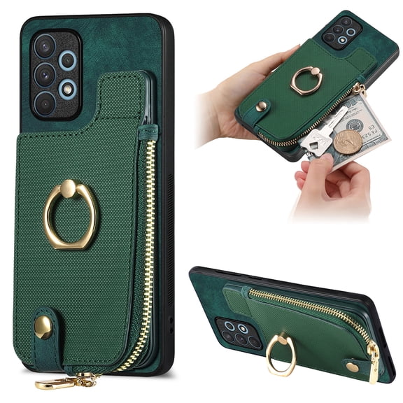 Dteck for Samsung Galaxy A33 5G Zipper Wallet Case, Shockproof with Card Holders Flip Premium PU Leather Card Slots with 360°Rotation Ring Stand Protective Phone Cover, green