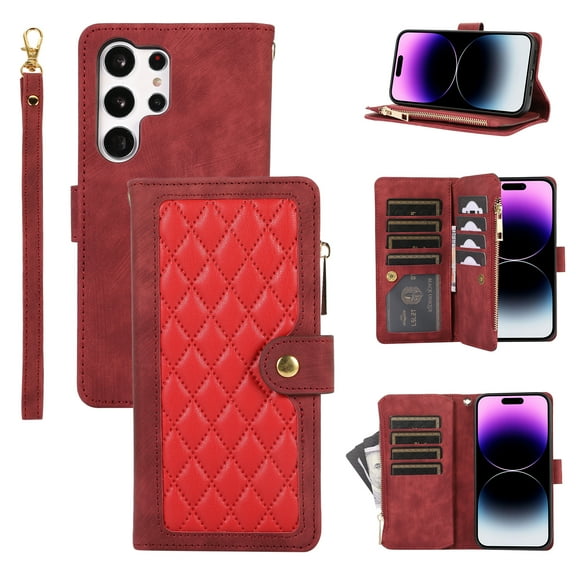 Dteck for Samsung Galaxy A34 5G Case, Shockproof Folio Flip Premium PU Leather Magnetic Closure Handbag Zipper Pocket Case Kickstand Card Slots with Hand Strap,Red