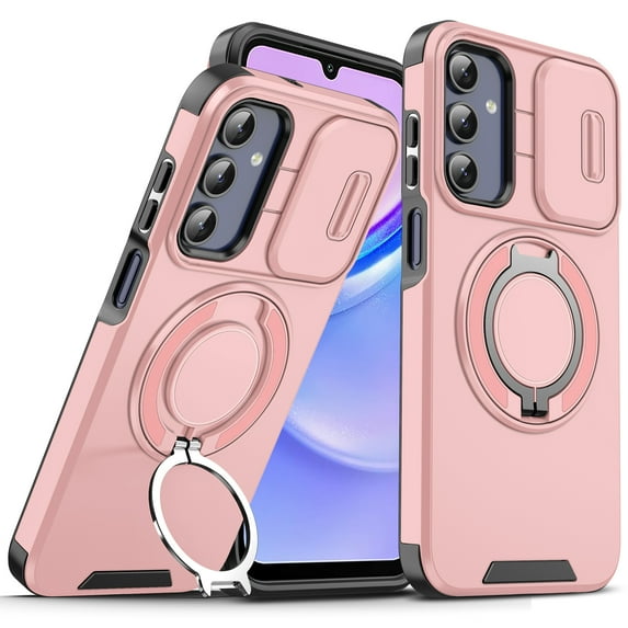 Dteck for Samsung Galaxy A35 5G Case with Camera Cover Sliding, Compatible with MagSafe Wireless Charing & Magnetic Car Mount, Rotating Kickstand Shockproof Cover Rugged Case for Galaxy A35,Pink