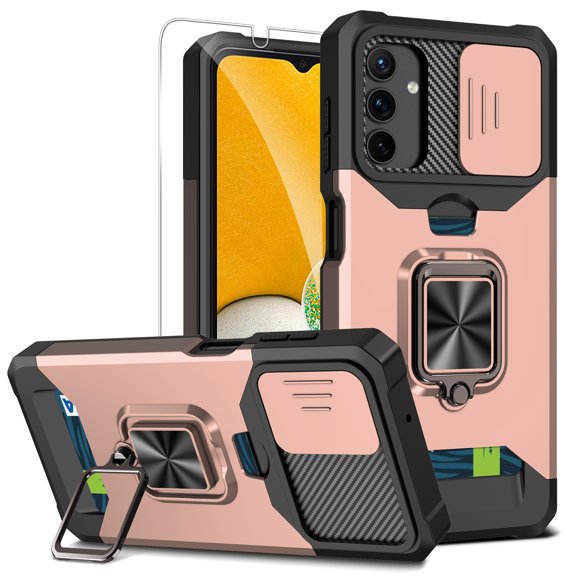 Dteck for Samsung Galaxy A35 5G Case with Slide Lens Cover & Screen Protector, A35 Case Build in 360° Rotating Ring Kickstand, Military Grade Protective Case for Galaxy A35 Phone Case,Rosegold