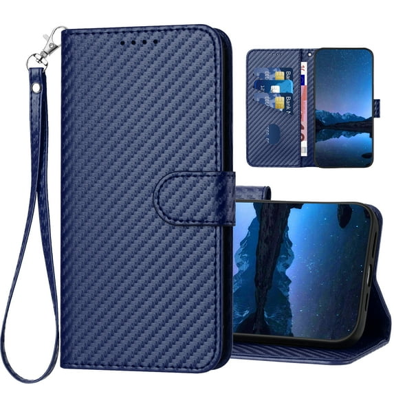 Dteck for Samsung Galaxy A35 Case with Card Holder and Wrist Strap Magnetic Closure Carbon Fiber Pattern PU Leather Wallet Flip Cover for Samsung Galaxy A35 5G,Blue