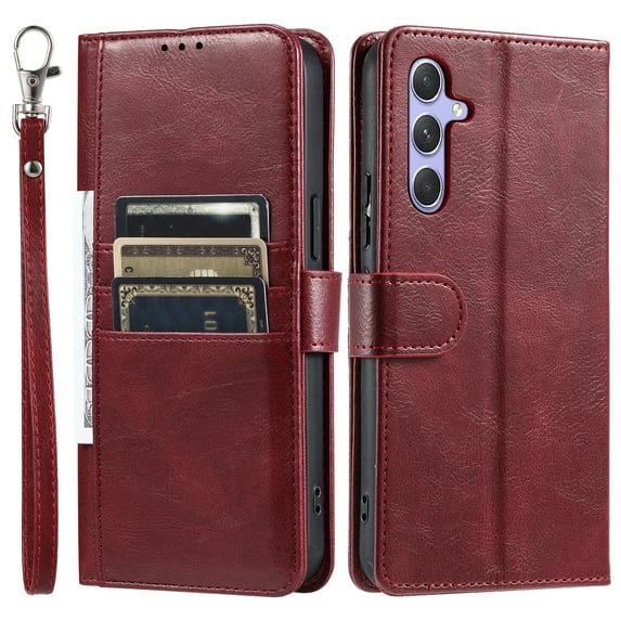 Dteck for Samsung Galaxy A35 Case, Galaxy A35 5G Phone Case Wallet for Women Men with 6 Card Slots, PU Leather Magnetic Flip Wallet Phone Case with Wrist Strap for Samsung Galaxy A35 5G,Winered