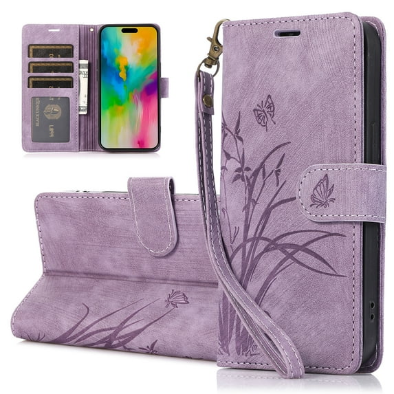 Dteck for Samsung Galaxy A35 Case Wallet with Card Holder & Wrist Strap, Flower Pattern PU Leather Folio Stand Flip Cover for Samsung Galaxy A35,Purple