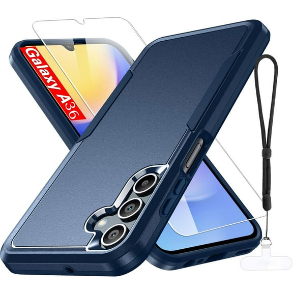 Dteck for Samsung Galaxy A36 5G Case with HD Screen Protector + Wrist Strap + Phone Tether Tab, Heavy Duty Shockproof Rugged Protective Phone Cover for Samsung A36 5G,Blue