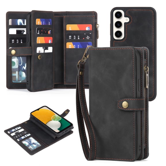 Dteck for Samsung Galaxy A42 5G Wallet Case with Card Holder, Detachable Magnetic Phone Case with Zipper Pocket PU Leather Wallet Phone Case for Galaxy A42 5G for Women Men with Wrist Strap,Black