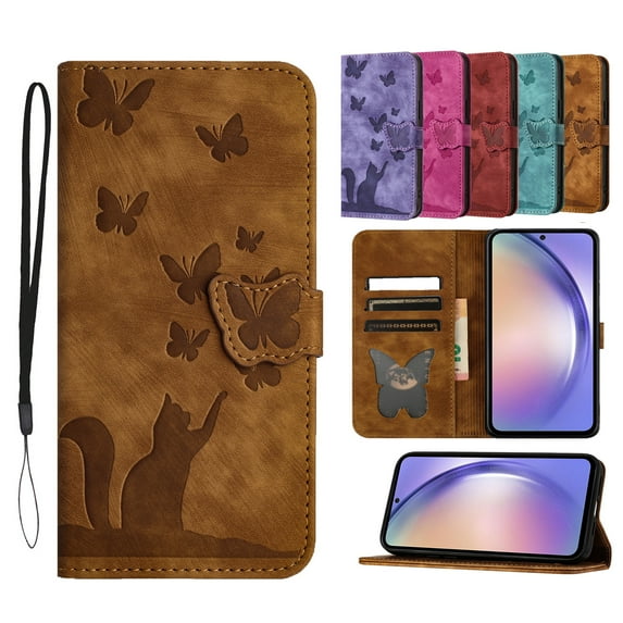 Dteck for Samsung Galaxy A42 5G Wallet Case, Embossed Butterfly Cute Cat Soft PU Leather Folio Flip Shockproof Protective Credit Card Slots Holder Cover for Samsung A42 5G,Brown
