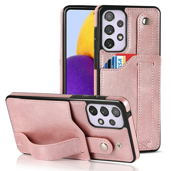Dteck for Samsung Galaxy A52 5G Slim Case, Shockproof Premium PU Leather Soft TPU Business Cover with Wrist Strap Kickstand Flip Stand Protection Case, rosegold