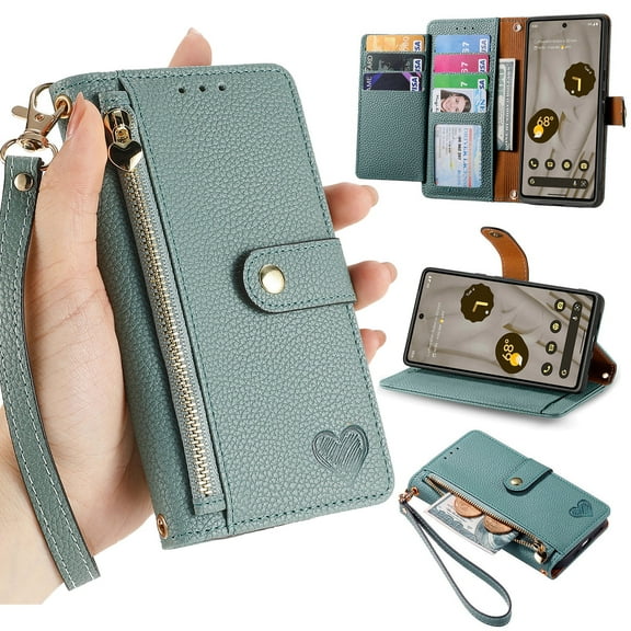 Dteck for Samsung Galaxy A52 5G Wallet Case, PU Leather Flip Folio Case with 7 Card Holders Zipper Pocket RFID Blocking Kickstand Shockproof TPU Inner Shell Phone Cover for Galaxy A52 5G,Green