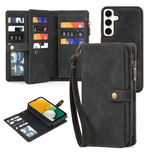 Dteck for Samsung Galaxy A52 Wallet Case with Card Holder, Detachable Magnetic Phone Case with Zipper Pocket PU Leather Wallet Phone Case for Galaxy A52 for Women Men with Wrist Strap,Black