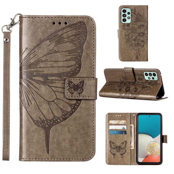 Dteck for Samsung Galaxy A53 5G 6.5 inch Butterfly & Flower Embossed PU Leather Wallet Phone Case with Hand Strap,Shockproof Slim Fit Magnetic Flip Holder Card Slots Protective Cover,Gray