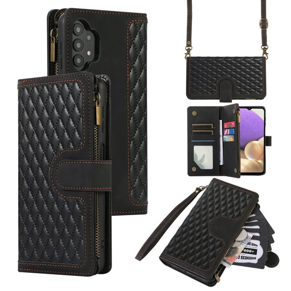 Dteck for Samsung Galaxy A53 5G Case, Samsung A53 5G Wallet Case with 9 Card Slots, PU Leather Magnetic Flip Zipper Purse Wristlet Strap Crossbody Lanyard Kickstand Phone Case,Black