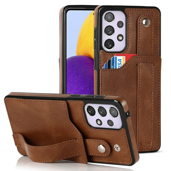 Dteck for Samsung Galaxy A53 5G Slim Case, Shockproof Premium PU Leather Soft TPU Business Cover with Wrist Strap Kickstand Flip Stand Protection Case, brown