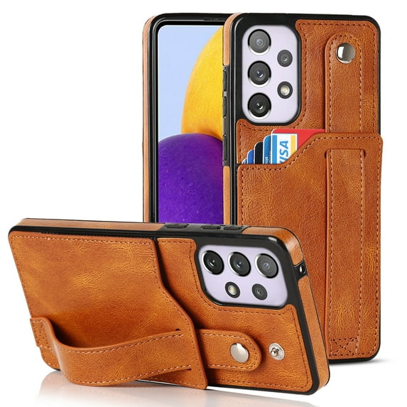 Dteck for Samsung Galaxy A53 5G Slim Case, Shockproof Premium PU Leather Soft TPU Business Cover with Wrist Strap Kickstand Flip Stand Protection Case, khaki